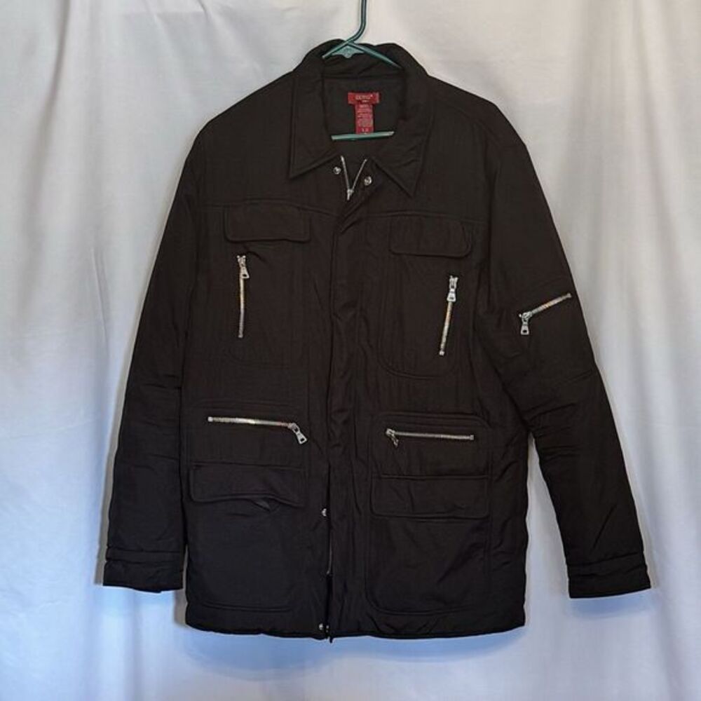 Guess Men’s Black Utility Jacket Tactical Zip-Pocket Field Coat Size Medium